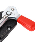 Close-up of a heavy-duty cast iron push-pull toggle clamp with red plastic grip from the Two Pack Left And Right Push Pull Toggle Clamps