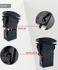 Close-up of Eight Pack Rocker Switch Plug Sockets With 6.3mm Female Spade Terminals showing push-in and auto-lock features