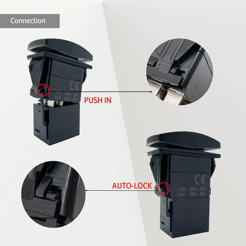 Close-up of Eight Pack Rocker Switch Plug Sockets With 6.3mm Female Spade Terminals showing push-in and auto-lock features