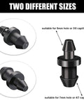 Two different sizes of black barbed end plugs for 1/4 inch drip irrigation tubing, suitable for various capillary holes.