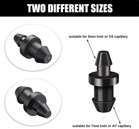 Two different sizes of black barbed end plugs for 1/4 inch drip irrigation tubing, suitable for various capillary holes.