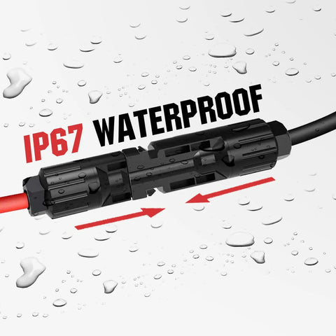 Beefy Solar Extension Cable 10 Ft 10 AWG 30 Amp DC IP67 Waterproof With Tinned Copper Core Red Black Quick Connectors in rain.