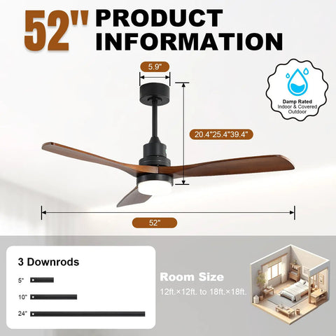 52 Inch Solid Wood Ceiling Fan With Remote And Dimmable Light showcasing dimensions and room size suitability.