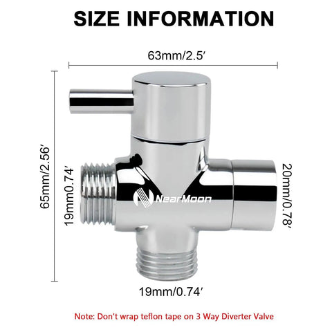 Solid Brass G One Half Inch Shower Arm With All Metal Universal 3-Way Diverter Valve No Leak For Handheld And Fixed Shower Heads Chrome Finish Replacement Adapter Kit with size information.