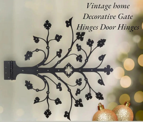 Kick Ass Wrought Iron Door Hinges With Glossy Black Powder Coating decorative gate hinge showcasing floral design for farmhouse use.