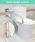 23.6 Inch Stainless Toilet Safety Rails With Flip Up Handicap Grab Bar And Paper Holder For Elderly And Disabled Bathroom Shower Hand Rail No Fuss Grip Assist mounted beside a toilet.