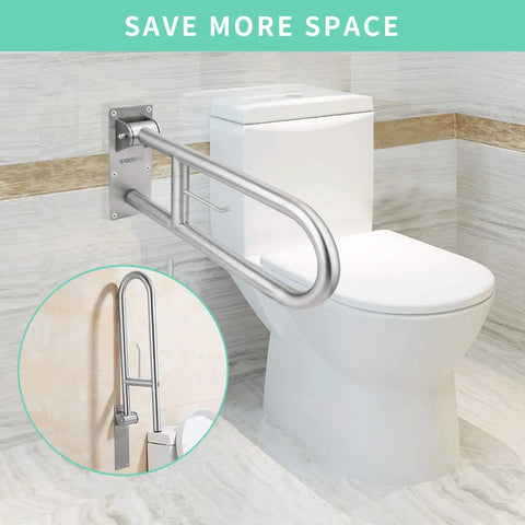 23.6 Inch Stainless Toilet Safety Rails With Flip Up Handicap Grab Bar And Paper Holder For Elderly And Disabled Bathroom Shower Hand Rail No Fuss Grip Assist mounted beside a toilet.