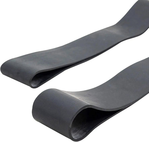 Two black rubber bands from Heavy Duty Rubber Fire Helmet Bands Pack Of 3 For Modern And Traditional Fire Helmets And Hard Hats, versatile use.