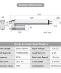 Diagram of 12V Heavy Duty Linear Actuator 330LBS 1500N 8 Inch 200mm Travel Quiet IP65 Electric Actuator with brackets