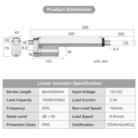 Diagram of 12V Heavy Duty Linear Actuator 330LBS 1500N 8 Inch 200mm Travel Quiet IP65 Electric Actuator with brackets