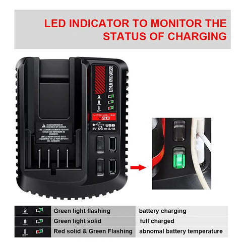 Fast 20V Battery Charger For Craftsman Batteries CMCB104 CMCB204 CMCB202 CMCB201 with LED indicator and USB ports