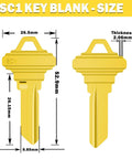 Premium Brass Key Blanks Kit Uncut KW1 SC1 M1 Pack Of 50 For Home And Pro Use showing SC1 dimensions