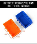 Two color-coded bins, one orange and one blue, used in Wall Mounted 36 Bin Storage Rack for Garage and Workshop Heavy Duty Plastic Bin Organizer Kit with Detachable Label Friendly Bins Easy Mounting Durable Tool Storage System for Home Shop and Man Cave.