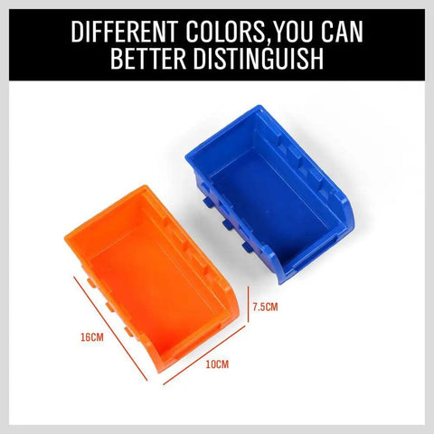 Two color-coded bins, one orange and one blue, used in Wall Mounted 36 Bin Storage Rack for Garage and Workshop Heavy Duty Plastic Bin Organizer Kit with Detachable Label Friendly Bins Easy Mounting Durable Tool Storage System for Home Shop and Man Cave.