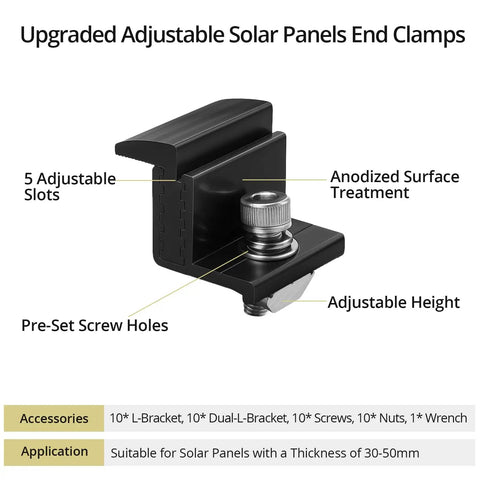 Heavy Duty Solar Panel End Clamps 10 Piece Kit Adjustable 30 To 50 Millimeter showcasing adjustable slots and pre-set screw holes.