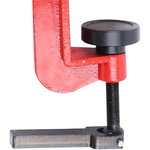 Close-up of 7 Inch Manual Bead Roller for Metal Bending, showing clamp detail, 22 Gauge Capacity, 6 Die Sets, Cast Steel Build.