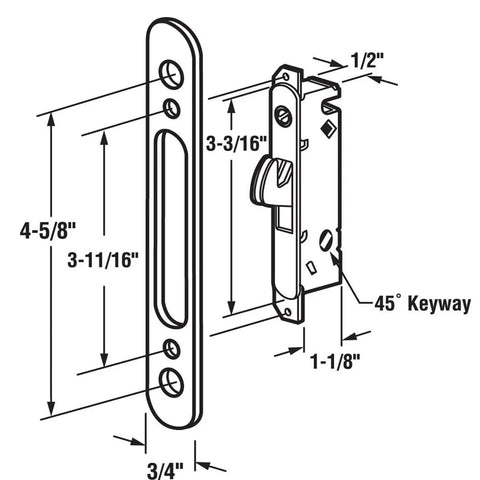 Diagram showing dimensions of Sliding Patio Door Handle Set With Lock And Key Cylinder, Mortise Lock, Face Plate, Complete Replacement.
