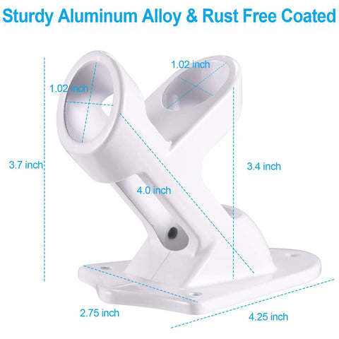 Heavy Duty Flagpole Wall Mount Bracket With Solid Hardware Kit For Patio Siding Or Lawn Display One Inch Inner Bore, crisp white aluminum design with dimensions.