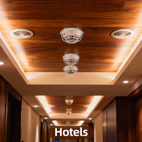 Heavy Duty Metal Detector Guard Cover And Fire Alarm Protector With Tool Less Quick Mount For Sprinkler Heads And Smoke Sensors In Homes Offices Hotels Garages And Commercial Buildings Built Tough To Keep Things Secure mounted on ceiling in hotel corridor.