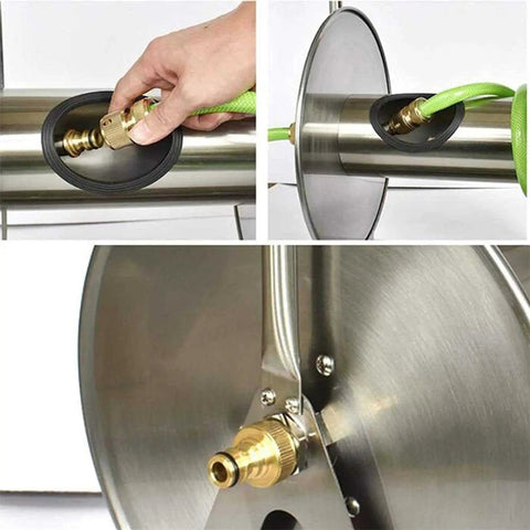 Heavy Duty Stainless Steel Garden Hose Reel With Included 35 Meter Hose slick wall mount, showcasing hose attachment and sturdy design.