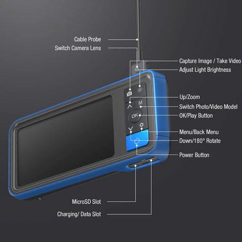 Dual Lens Endoscope With Light For Auto And Home Inspections, Borescope Camera With Flexible Cable, Handy Internal View For Cylinders, Pipes, And Wall Voids. Handheld display and controls shown.