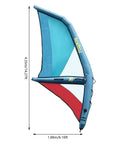 Inflatable Sail For Wing Foil Boards, 360 Degree Rotatable Base, 45.2ft2 Sail Area shown in blue and red PVC material.