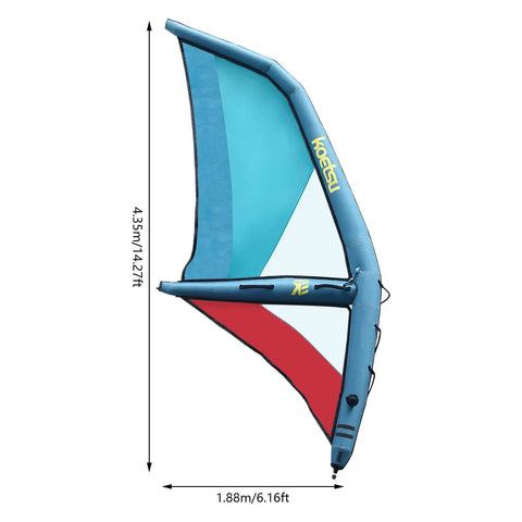 Inflatable Sail For Wing Foil Boards, 360 Degree Rotatable Base, 45.2ft2 Sail Area shown in blue and red PVC material.