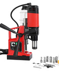 Powerful Magnetic Drill Press Kit With 1400W Corded Motor, 2 Inch Boring Diameter, 810 RPM, 6 Cutters, Safety Gear And Case For Steel And Iron Work featuring drill head and accessories.