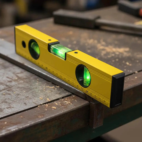 Spirit Level, Aluminum Alloy, 250mm measuring precision with green vials on a work surface.