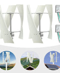 Vertical Wind Turbine Generator 24V 100W with 3 nylon fiber blades shown in multiple installation scenarios