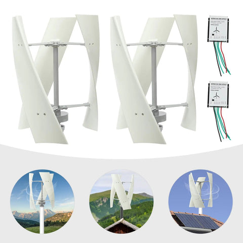 Vertical Wind Turbine Generator 24V 100W with 3 nylon fiber blades shown in multiple installation scenarios