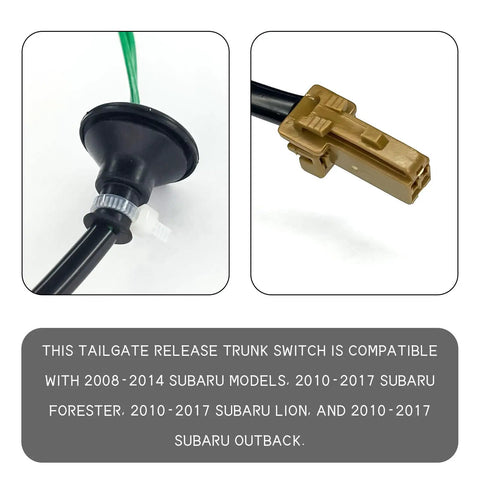 Close-up of a trunk switch compatible with Subaru models, showcasing electrical connector and plug for tailgate release.