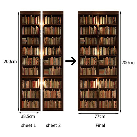 Peel And Stick Vinyl Door Decals Set Of 2 Sheets For Full Door Coverage, bookshelf design, self adhesive mural for home decor.
