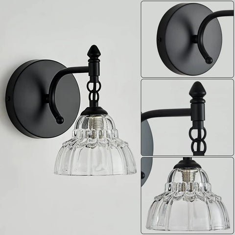 Matte Brass Vintage Vanity Light Fixture With Flower Shaped Glass Shades Over Mirror Five Light Wall Sconce