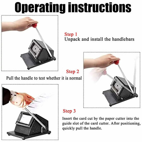 Operating instructions for Rugged All Metal Manual PVC Card Die Cutter for desktop card cutting with steel blade and round corner.