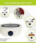 Ultra Compact 600W Electric Mini Hot Plate With Nine Precise Heat Settings shown heating moka pot and making tea.