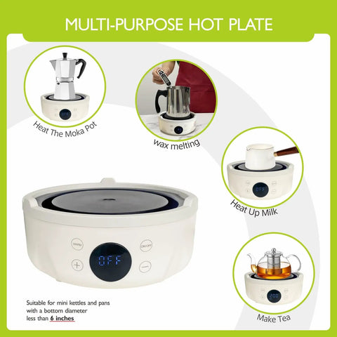 Ultra Compact 600W Electric Mini Hot Plate With Nine Precise Heat Settings shown heating moka pot and making tea.