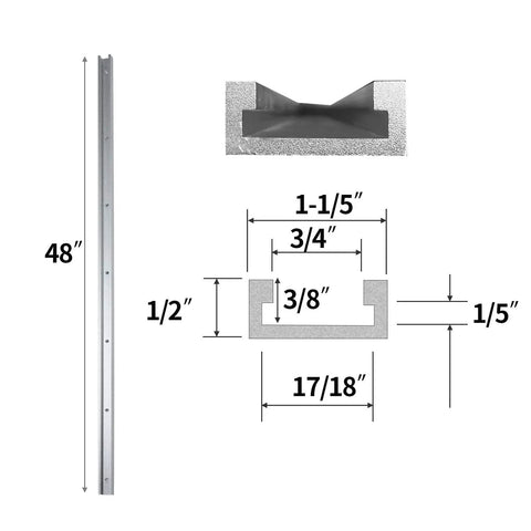 Top Shelf Aluminum Miter T Slot Tracks With Pre Drilled Mounting Holes 4 Pack 48 Inch Bars dimensions and profile illustration.