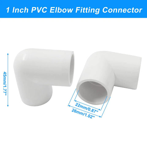 One inch PVC elbow fitting connector, white, showing dimensions for DIY shelves and furniture projects.