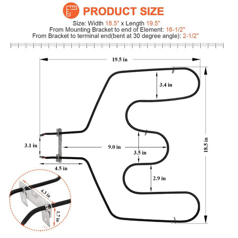 Oven Bake Element WB44T10011 Replacement For Kenmore GE Ovens with dimensions and mounting details