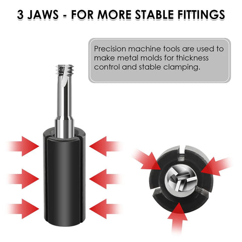 Hella Solid Four Pack Black Router Collet Reduction Sleeves, 1/2 To 1/4 Inch Chuck Converters with 3-jaw stability feature.