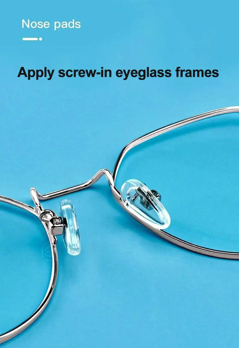 Gripping Silicone Air Bag Eyeglass Nose Pads Replacement Kit With 3 In 1 Mini Screwdriver Tweezer And Microfiber Cloth For Hassle Free Frames Fix And Slick Specs Comfort, silver eyeglass frames with screw-in nose pads.