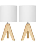 Boho Table Lamp Set Of 2 With Wooden Tripod Bases, Grey Linen Fabric Shades, Cozy Bedside Lamps, 14.2 Inch, UL Listed