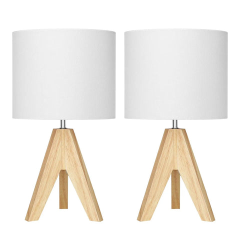 Boho Table Lamp Set Of 2 With Wooden Tripod Bases, Grey Linen Fabric Shades, Cozy Bedside Lamps, 14.2 Inch, UL Listed