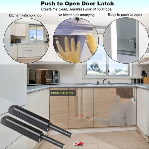 Push To Open Magnetic Cabinet Latches 4 Pack No Knobs Needed Hidden Door Hardware in a kitchen with seamless design.