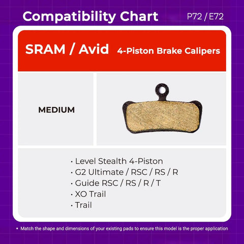 Bike Disc Brake Pads For SRAM 4-Piston Calipers Compatibility Chart with Medium P72 Semi-Metallic Pad