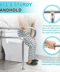 Person using 30 inch handicap grab bars for bathroom safety rail set built in stainless steel wall to floor mounted bath grips in bathroom