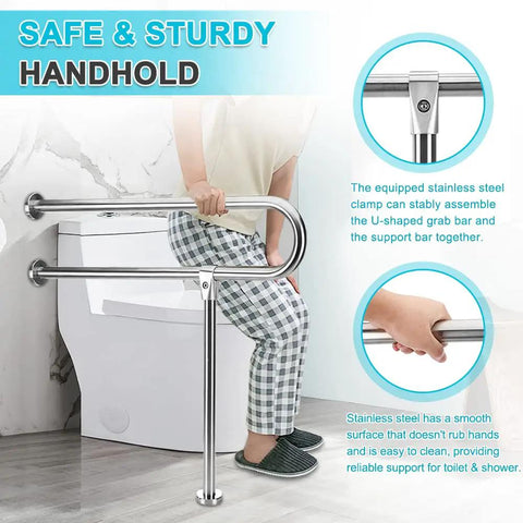 Person using 30 inch handicap grab bars for bathroom safety rail set built in stainless steel wall to floor mounted bath grips in bathroom