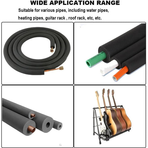 Three Quarter Inch Inner Foam Tubing For Guitar Racks Utensils And Roof Racks Six Feet Long Fire Resistant Self Extinguishing Eco Friendly Non Toxic Insulation Material Durable And Versatile For DIY Projects And Gear Organization showcasing foam tubing applications, including guitar stand and pipe insulation.
