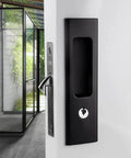 Privacy Pocket Door Lock Hardware In Matte Black, 6.3 Inch Recessed Pocket Sliding Door Handle With Keys, installed view
